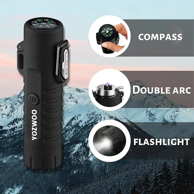 YOZWOO Electronic Lighter Rechargeable USB Lighter Plasma Dual Arc Lighter Flameless Windproof Waterproof Lighter with Flashlight Compass Lanyard for Outdoor Camping Survival Tactical Gear（Black）