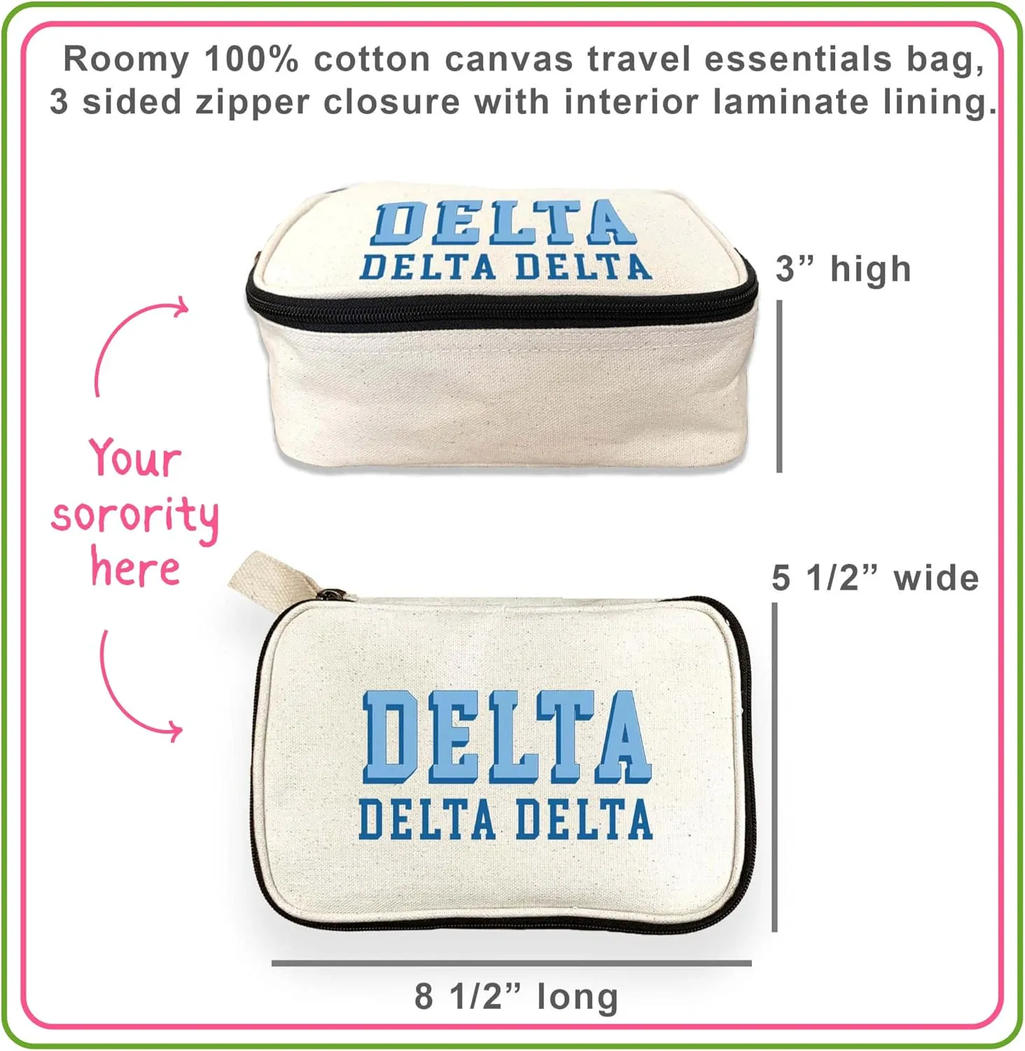Zeta Tau Alpha Sorority Makeup Bag - Canvas Cosmetic Pouch with Bold 3D Lettering - Travel Organizer or Bid Day Gift