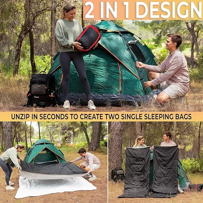 Zone Tech Double Camping Sleeping Bag with 2 Pillows – 3-4 Season Lightweight Waterproof Warm & Cool Weather Adult & Kids Sleeping Bag Converts into 2 Single -Camping, Hiking, & Outdoors